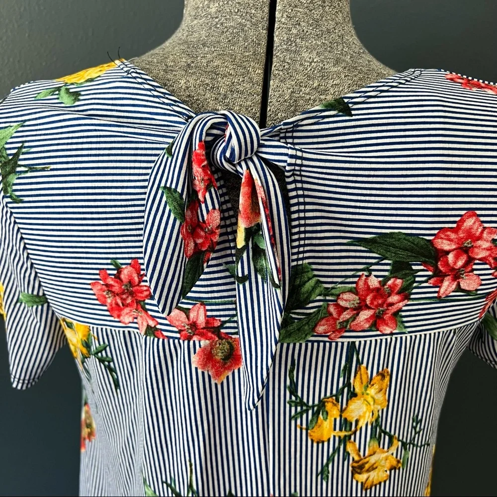 Entro floral and striped trapeze tent dress with tie back - Picture 4 of 7